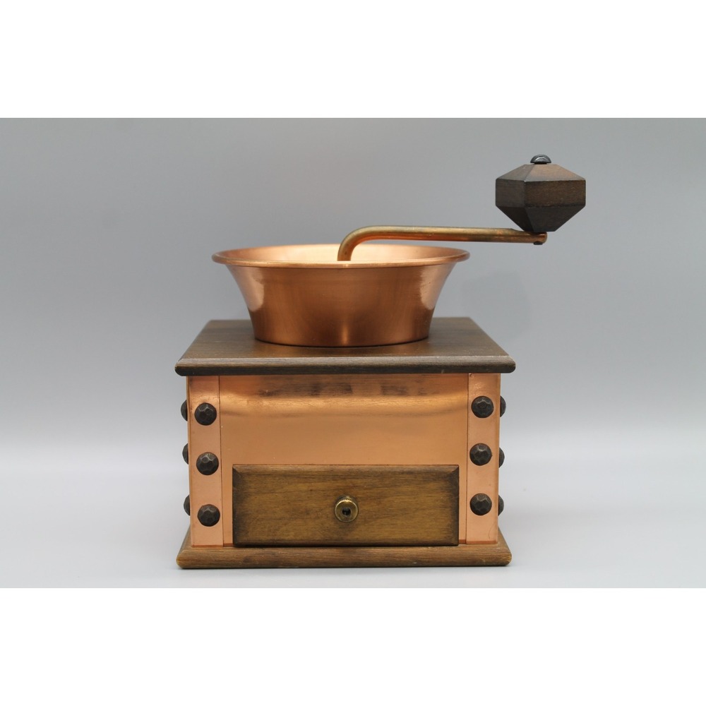 Vintage Verity Southall Copper Coffee Grinder Mill Hand Crank Wood Farmhouse